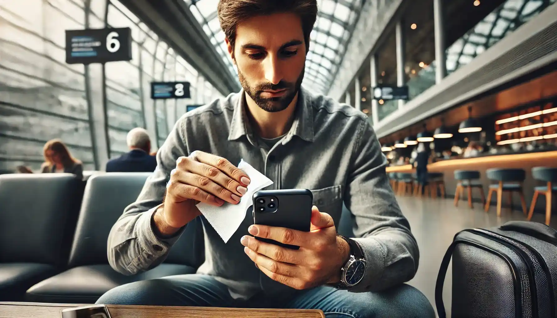 A man is carefully disinfecting his smartphone with sanitizing wipes.