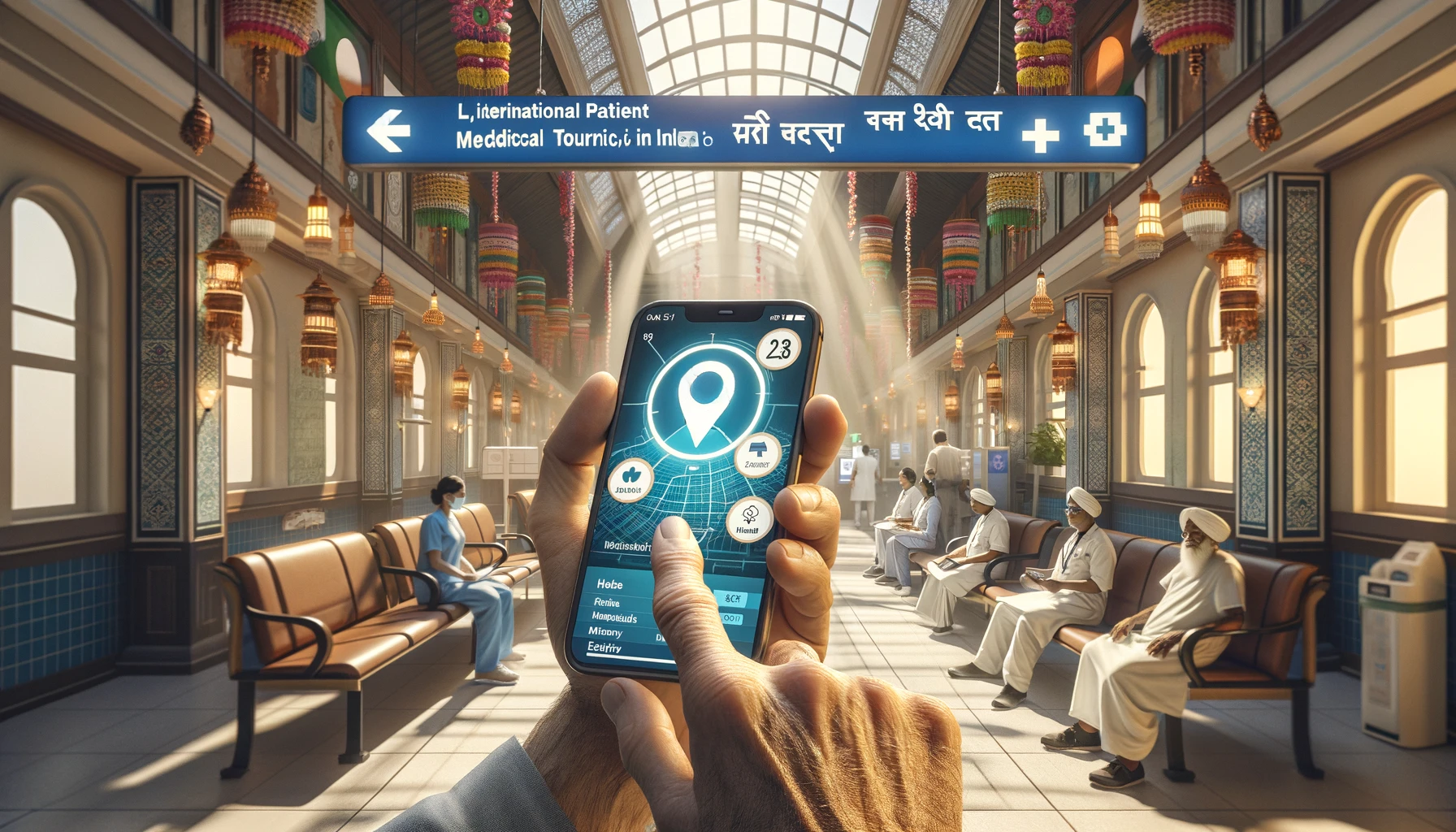 medical tourism in India, featuring an elderly international patient using a location tracking app in a modern hospital lobby
