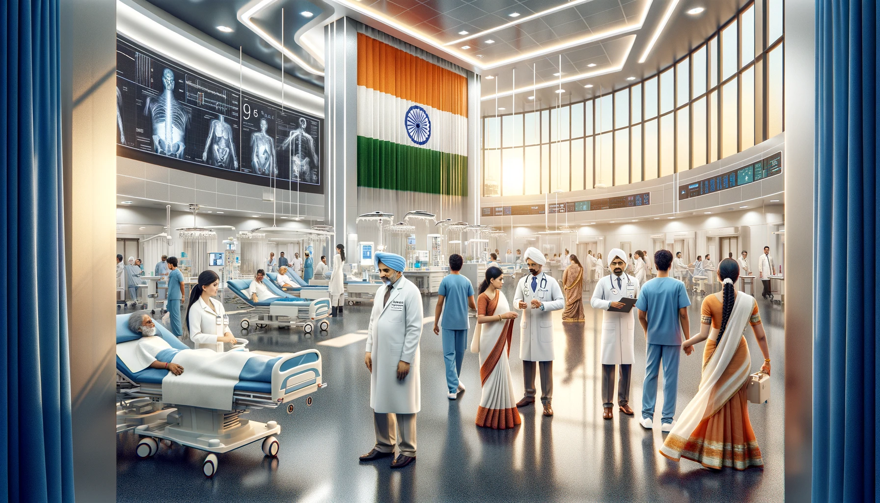 medical tourism in India, featuring a modern healthcare facility with international patients and Indian medical professionals