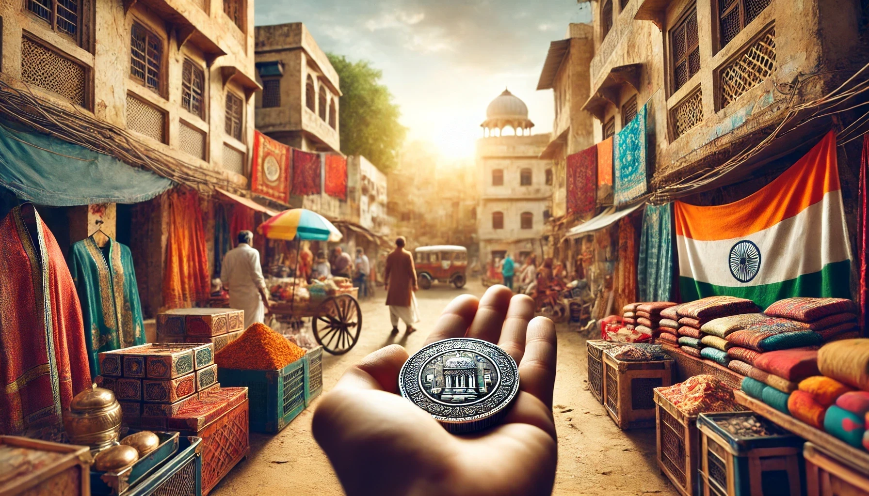 A bright street market in India, showing colorful stalls, local vendors, and traditional fabrics and a tourist, who is aware of money traditions.
