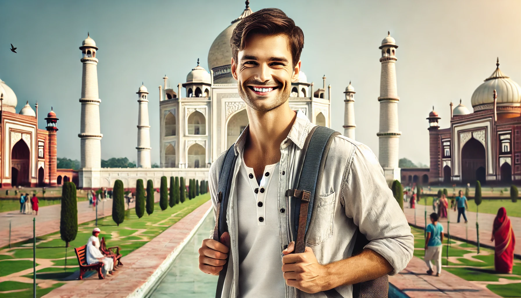 a smiling man traveling in India. He is standing in front of the Taj Mahal, dressed casually with a backpack, with a backdrop of the stunning white marble mausoleum and its beautiful gardens.