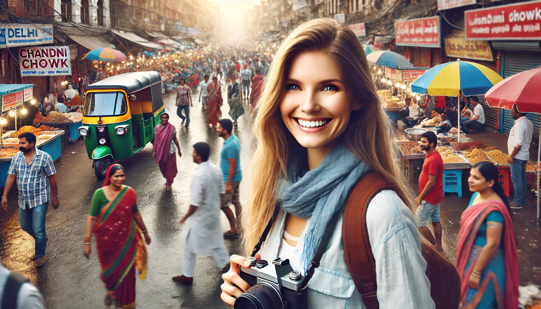 a smiling woman traveling in India. She is walking through the streets of Chandni Chowk in Delhi, dressed casually with a camera around her neck, with busy market stalls, street food vendors and a lively crowd in the background.