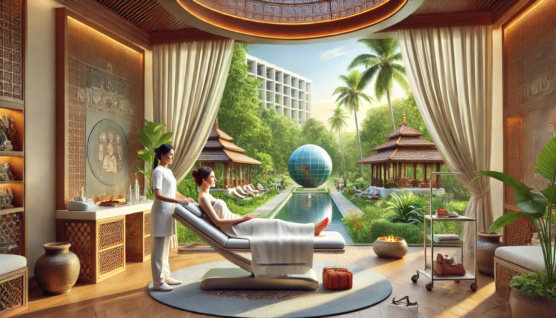 A serene recovery setting for an international patient in India. The patient is relaxing in a luxurious wellness retreat, surrounded by lush greenery and traditional Indian architecture.