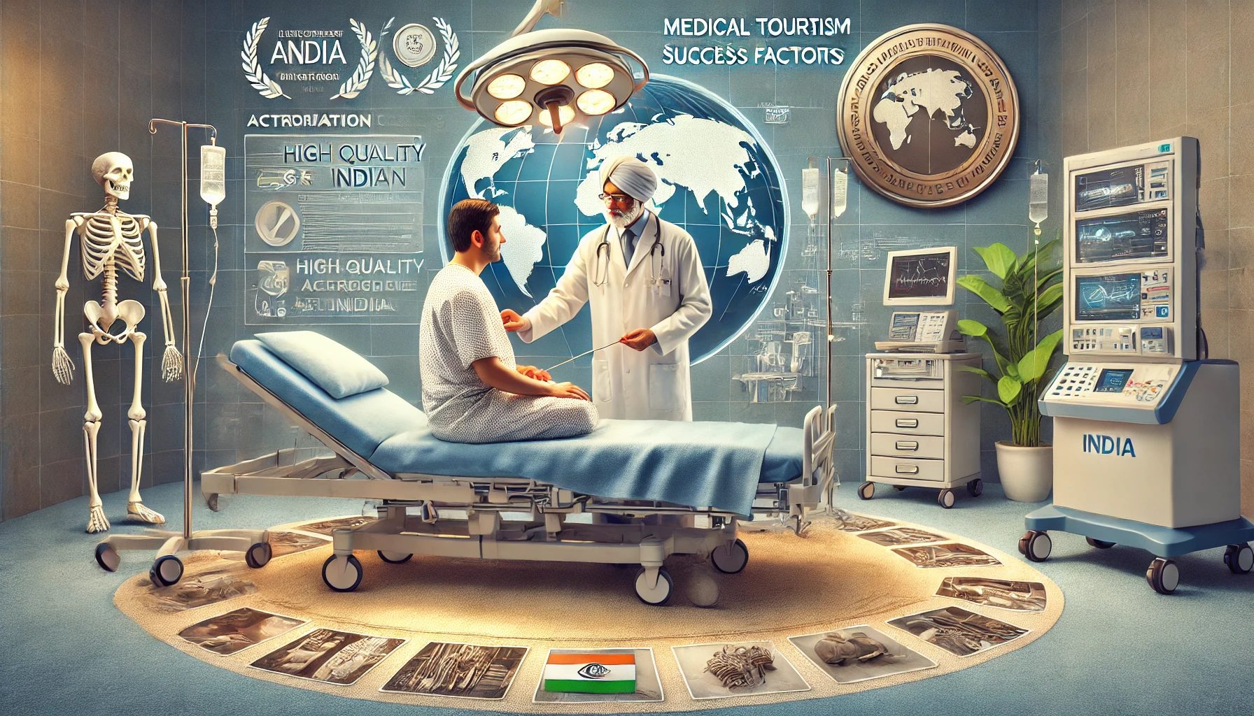 India's medical tourism success factors. The scene depicts an international patient being treated by an expert Indian doctor in a state-of-the-art hospital.