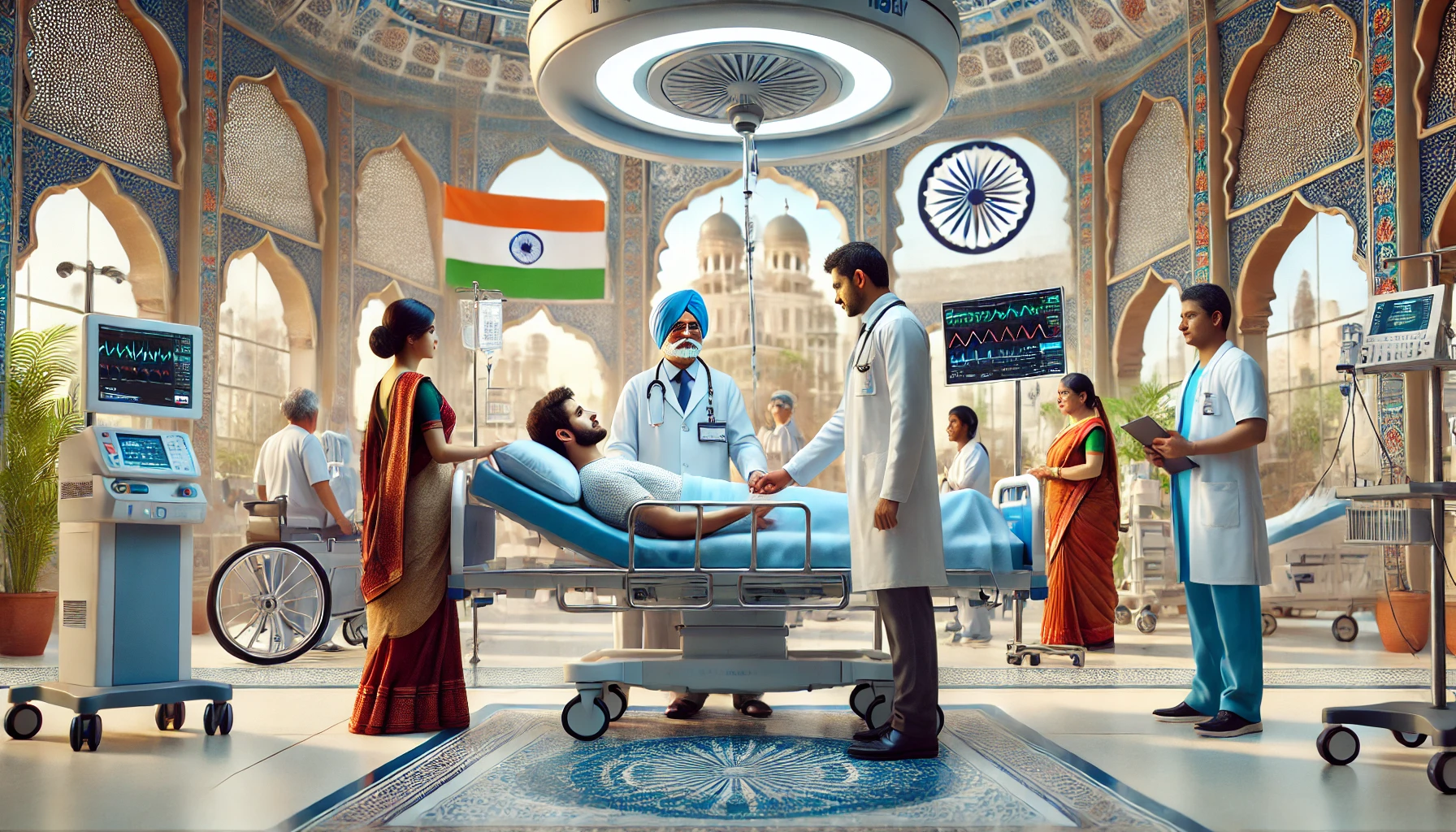 An international patient in a state-of-the-art medical facility in India. The patient is receiving care from experienced Indian doctors and nurses, surrounded by advanced medical equipment.