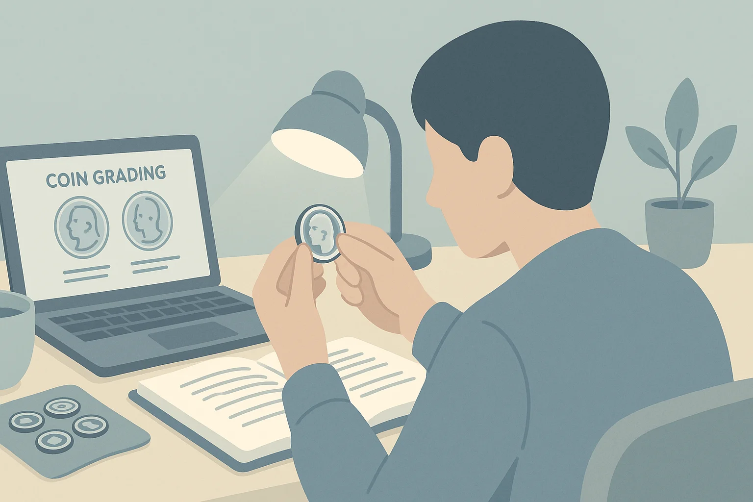 A person examines a coin under the bright light to grade it correctly.